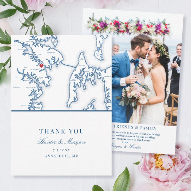 Tarjeta De Agradecimiento Foto plana de boda azul marina de Annapolis Maryla (These Annapolis Maryland flat thank you cards with photo are perfect for your Maryland wedding)