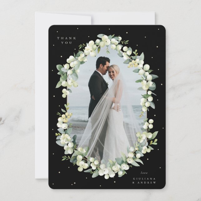 Tarjeta De Agradecimiento Foto plana del Boda Black Snowberry+Eucalyptus (Anverso)