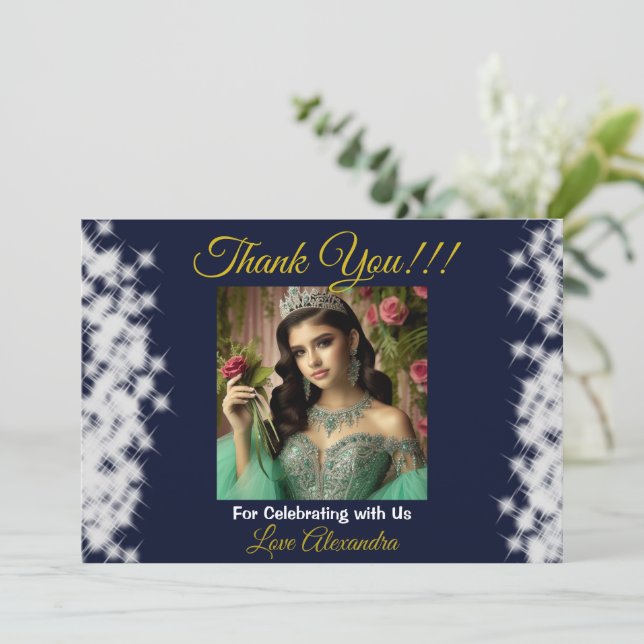 Tarjeta De Agradecimiento Foto Real Azul Boho Quinceañera Favor Español (Anverso de pie)