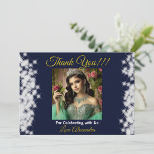 Tarjeta De Agradecimiento Foto Real Azul Boho Quinceañera Favor Español
