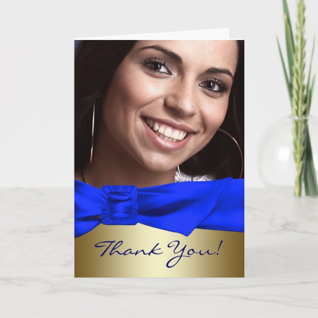 Tarjeta De Agradecimiento Foto real de oro azul Quinceanera Gracias Cartas (Anverso)