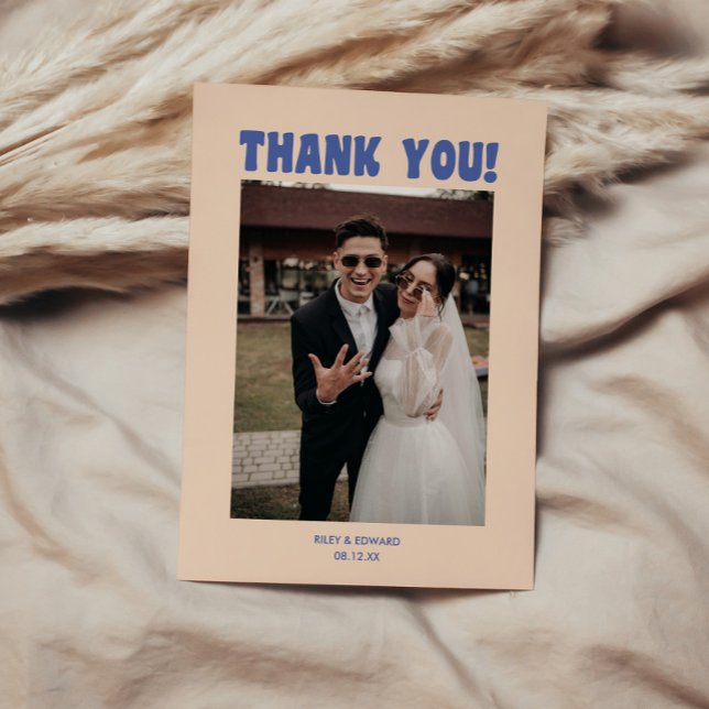 Tarjeta De Agradecimiento Foto retro moderna de Boda azul y beige (Subido por el creador)