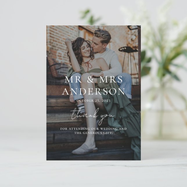 Tarjeta De Agradecimiento Foto romántica de Boda de texto blanco superpuesto (Anverso de pie)