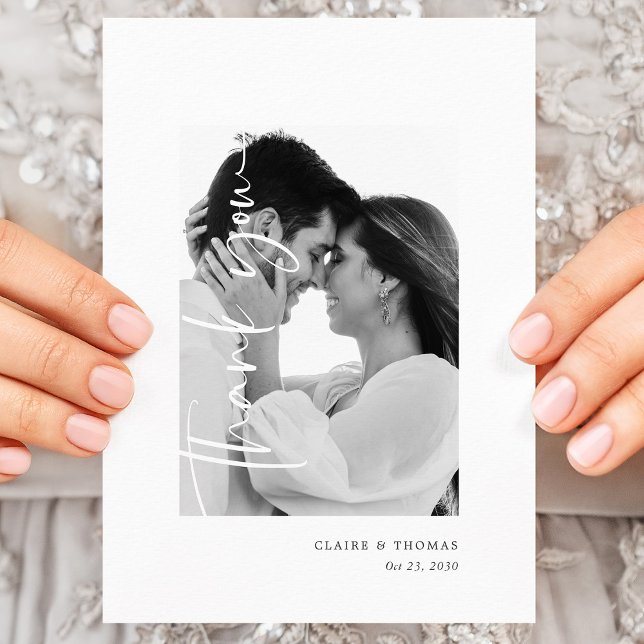 Tarjeta De Agradecimiento Foto romántica moderna | Boda simple de guiones (Modern Romantic Photo _ Simple Script Wedding Thank You Card)