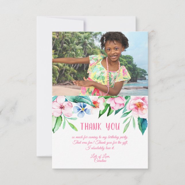 Tarjeta De Agradecimiento Foto rosa del cumpleaños hawaiano floral tropical  (Anverso)
