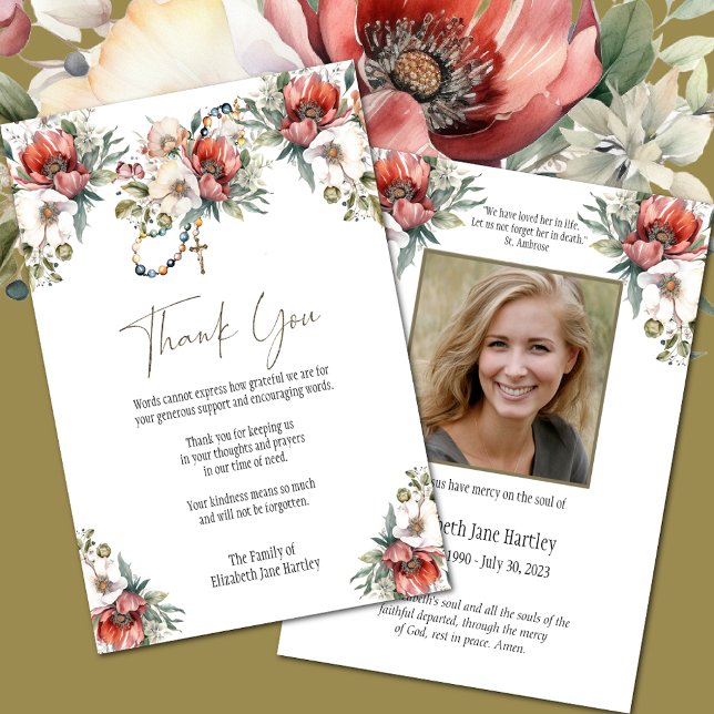 Tarjeta De Agradecimiento Foto Rosario Floral Funeral Conmiseración Simpatía (Easy to Personalize Catholic Funeral Thank You Cards)