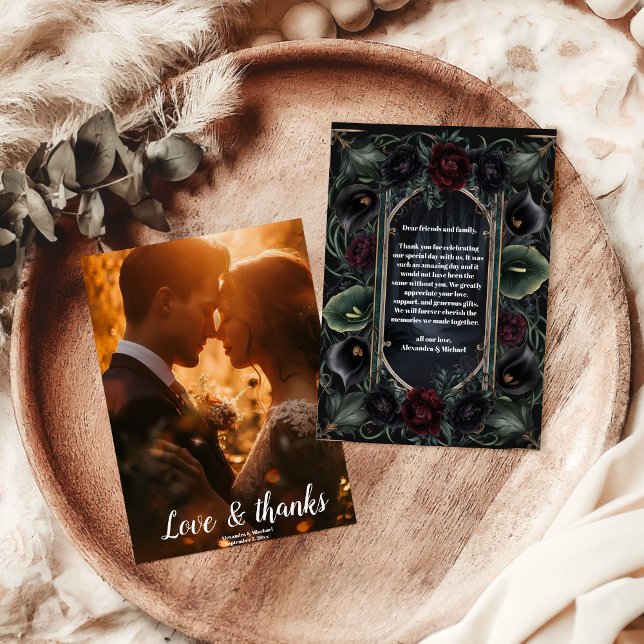Tarjeta De Agradecimiento Foto Rosas Negras Floral Gótico Boda de Halloween (Subido por el creador)