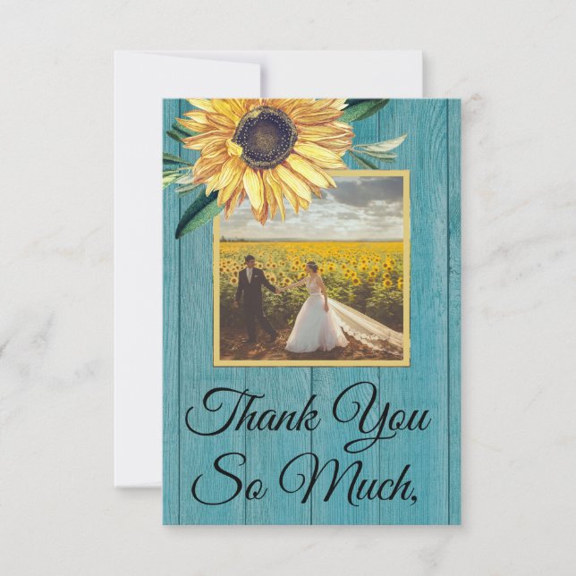 Tarjeta De Agradecimiento Foto Rusa Amarillo Girasol Azul Madera (Anverso)