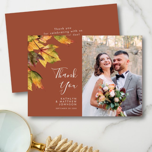 Tarjeta De Agradecimiento Foto Rustic Brown Foliage Fall Wedding (Subido por el creador)