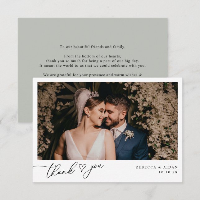 Tarjeta De Agradecimiento Foto Rustic Sage Green Boda simple (Anverso / Reverso)