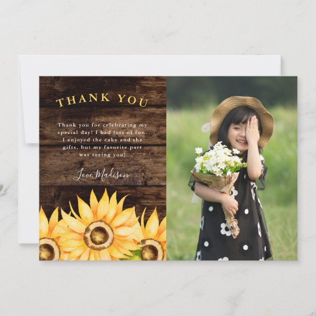 Tarjeta De Agradecimiento Foto Rustic Sunflower Birday Party (Anverso)