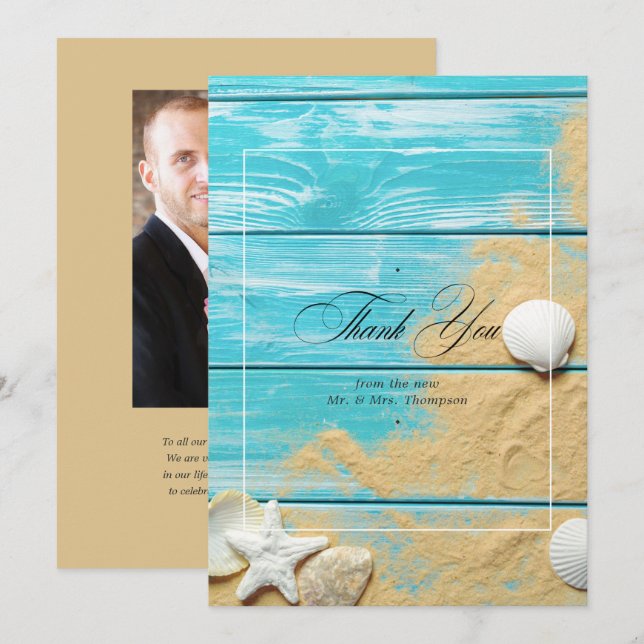 Tarjeta De Agradecimiento Foto Rustic Turquoise Beach Wedding (Anverso / Reverso)