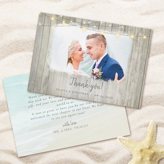 Tarjeta De Agradecimiento Foto Rustic Wood Beach Wedding (Subido por el creador)