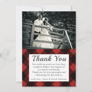 Tarjeta De Agradecimiento Foto Rústica Boda Gracias Tartán Rojo