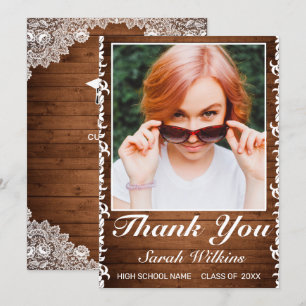Tarjeta De Agradecimiento Foto Rústica de graduación de madera y encaje blan