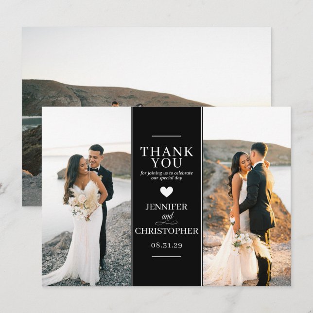 Tarjeta De Agradecimiento Foto simple de Boda negro (Anverso / Reverso)