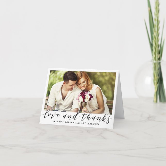 Tarjeta De Agradecimiento Foto simple guión negro Boda blanco gracias (Anverso)