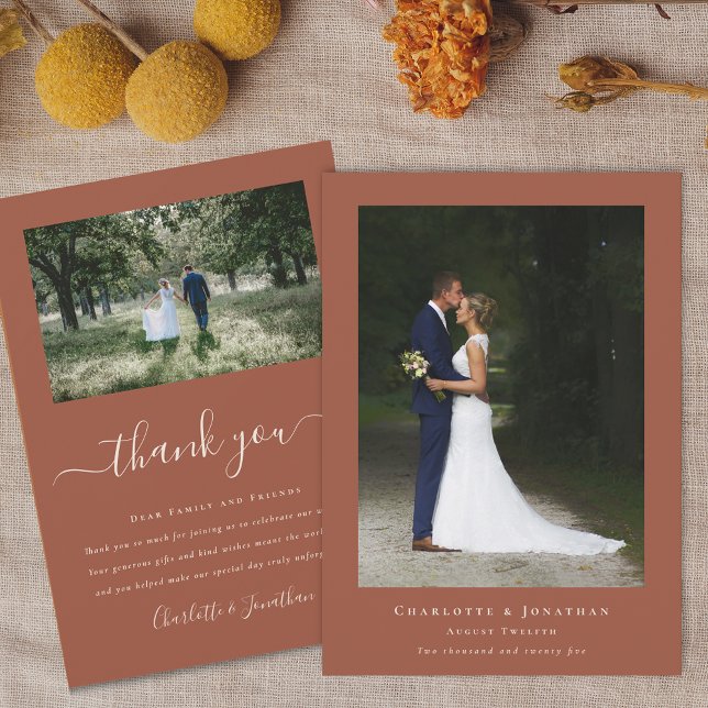 Tarjeta De Agradecimiento Foto simple y moderna de Boda (Modern simple wedding photo thank you card burnt Orange terracotta and elegant beige script)