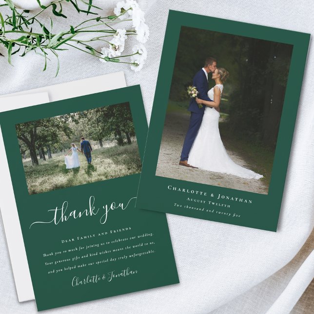 Tarjeta De Agradecimiento Foto simple y moderna de Boda (Simple modern photo dark green Wedding save the date invitation Elegant script 2 photograph )