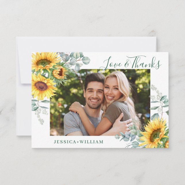 Tarjeta De Agradecimiento FOTO Sunflowers Eucalyptus Boda Rustic (Anverso)
