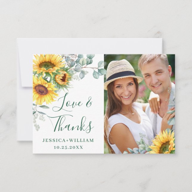 Tarjeta De Agradecimiento FOTO Sunflowers Eucalyptus Rustic Boda (Anverso)