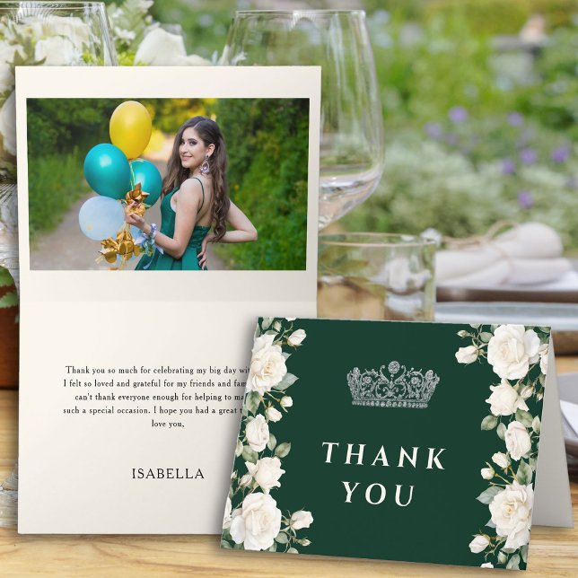 Tarjeta De Agradecimiento Foto verde esmeralda Princesa Tiara Quinceanera (Thank You Card from the Princess Dress and Roses Quinceanera Collection by Darling & May)