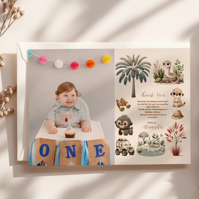 Tarjeta De Agradecimiento Foto Wild One Jungle Safari Animals Boy (Subido por el creador)