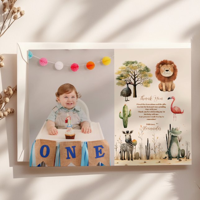 Tarjeta De Agradecimiento Foto Wild One Jungle Safari Animals Boy (Subido por el creador)