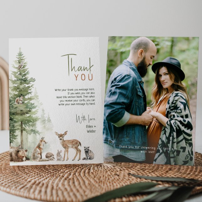 Tarjeta De Agradecimiento Fotografía Baby Shower de animales de bosque fores (Subido por el creador)