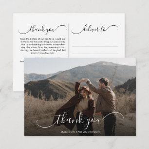 Tarjeta De Agradecimiento Fotografía de boda con caligrafía superpuesta eleg