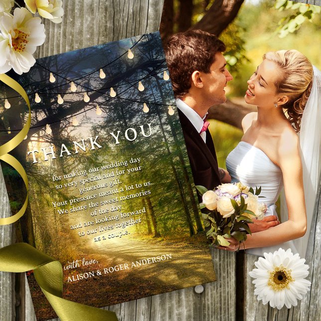 Tarjeta De Agradecimiento Fotografía de Boda de las luces de cadena forestal (Subido por el creador)