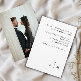 Tarjeta De Agradecimiento Fotografía de boda minimalista monograma blanco ne