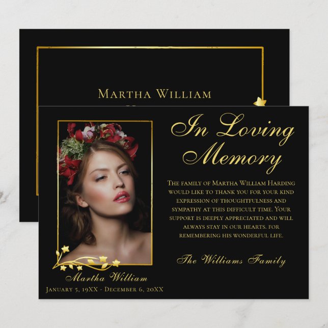 Tarjeta De Agradecimiento Fotografía de Funeral Gold Frame Elegant (Anverso / Reverso)