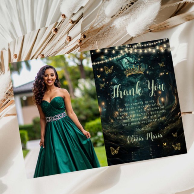 Tarjeta De Agradecimiento Fotografía de Quinceañera verde esmeralda forestal (Subido por el creador)