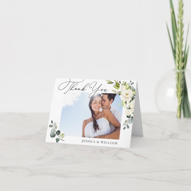 Tarjeta De Agradecimiento Fotografía Elegante Eucalyptus Floral de rosas bla (Anverso)