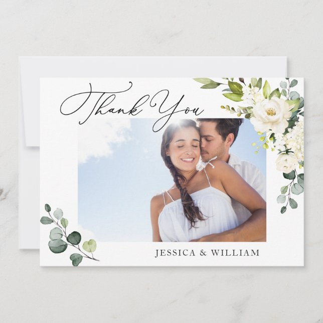 Tarjeta De Agradecimiento Fotografía Elegante Eucalyptus Floral de rosas bla (Anverso)