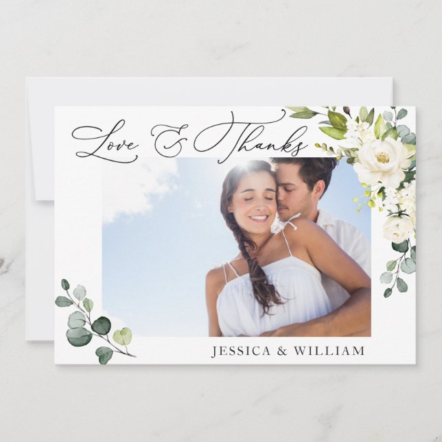 Tarjeta De Agradecimiento Fotografía Elegante Eucalyptus Floral de rosas bla (Anverso)