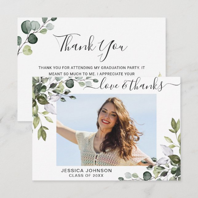 Tarjeta De Agradecimiento Fotografía Elegante Eucalyptus Greenery Graduación (Anverso / Reverso)