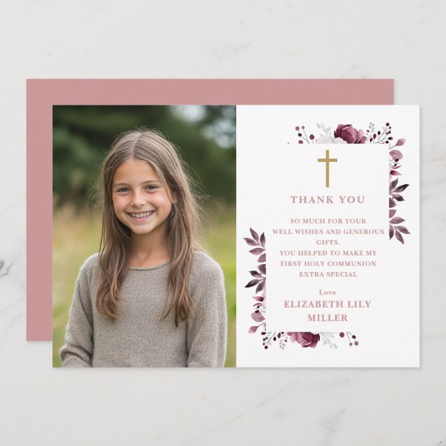 Tarjeta De Agradecimiento Fotografía floral de boho rosa, primera comunión s (Anverso / Reverso)