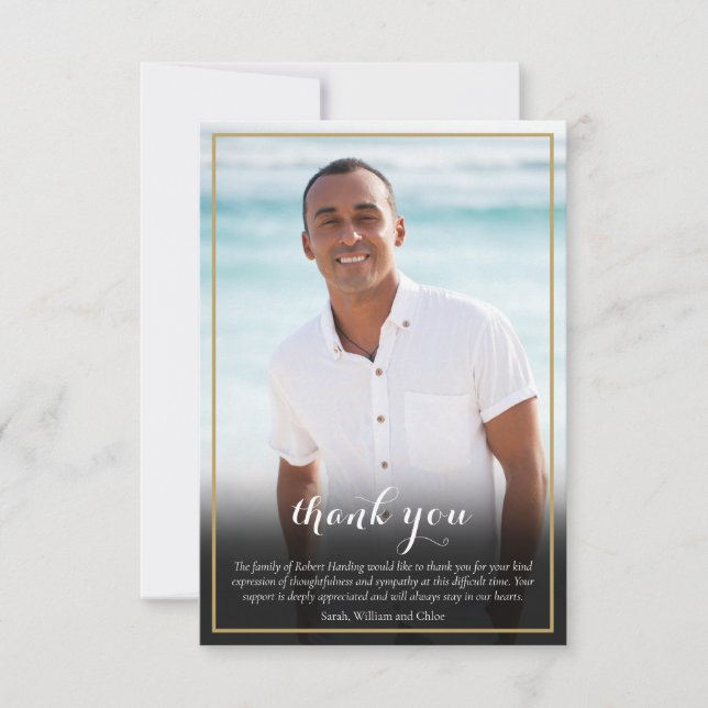 Tarjeta De Agradecimiento Fotografía funeral Elegante Cruzado de Oro (Anverso)