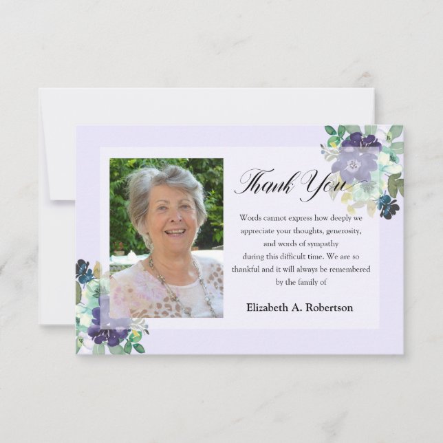 Tarjeta De Agradecimiento Fotografía funeraria Gracias Flores Púrpura (Anverso)