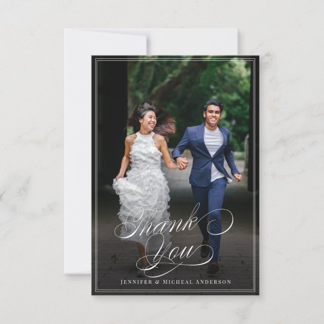 Tarjeta De Agradecimiento Fotografía personalizado Caligrafía Elegante Boda  (Anverso)
