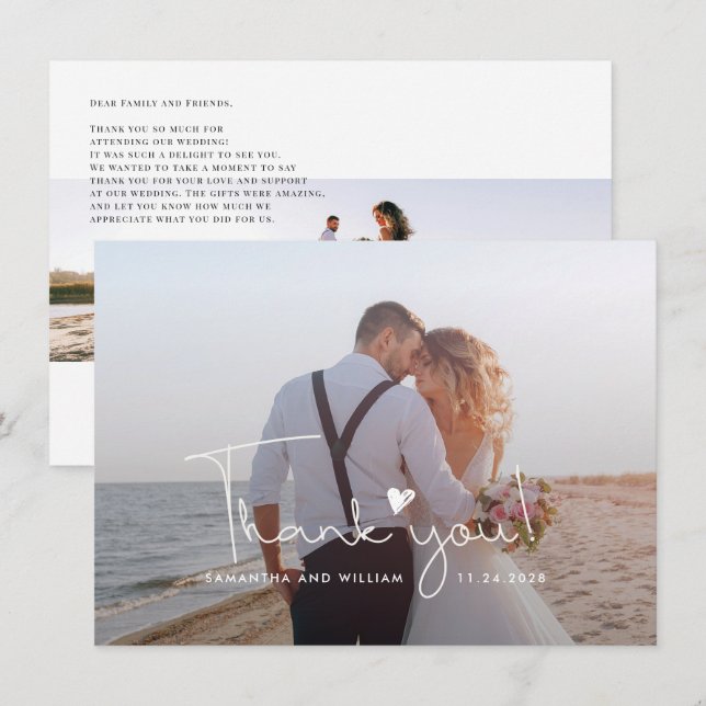 Tarjeta De Agradecimiento Fotos bodas Script Love Heart (Anverso / Reverso)