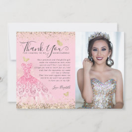 Tarjeta De Agradecimiento Fotos Clásicas de Quinceañera con Rosa y Dorado