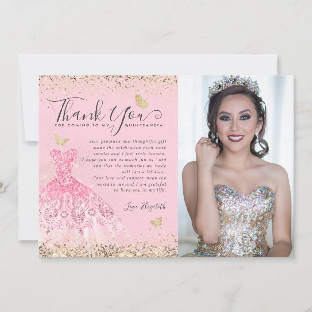 Tarjeta De Agradecimiento Fotos Clásicas de Quinceañera con Rosa y Dorado (Anverso)