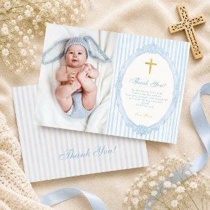 Tarjeta De Agradecimiento Fotos de Bautizo de Niño con Rayas Azules Elegante