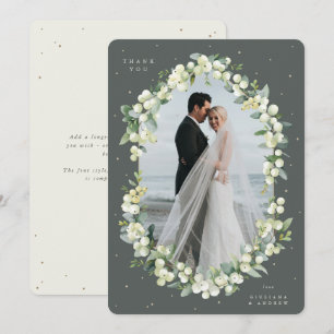 Tarjeta De Agradecimiento Fotos de Boda Verde/Crema Snowberry+Eucalipto