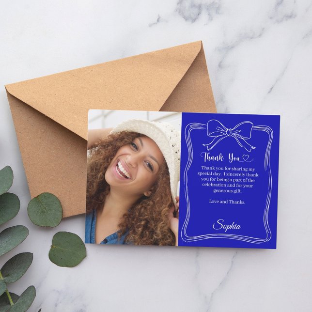 Tarjeta De Agradecimiento Fotos de cumpleaños, arco escrito a mano azul real (Subido por el creador)