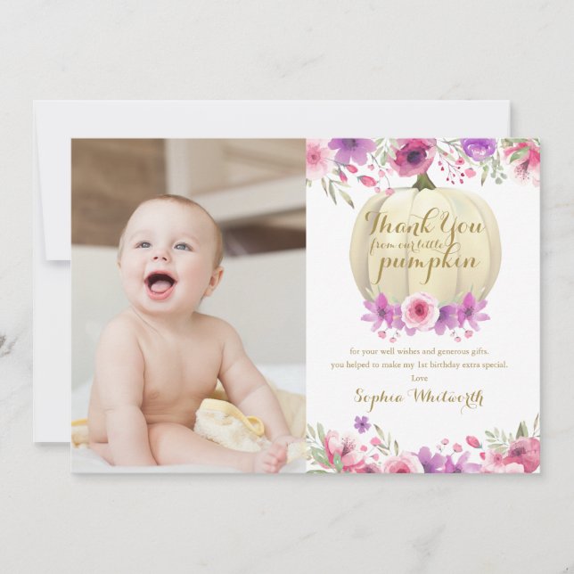 Tarjeta De Agradecimiento Fotos de cumpleaños Little Pumpkin Floral 1er (Anverso)