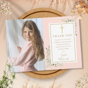 Tarjeta De Agradecimiento Fotos de Primera Comunión con vegetación rosa páli